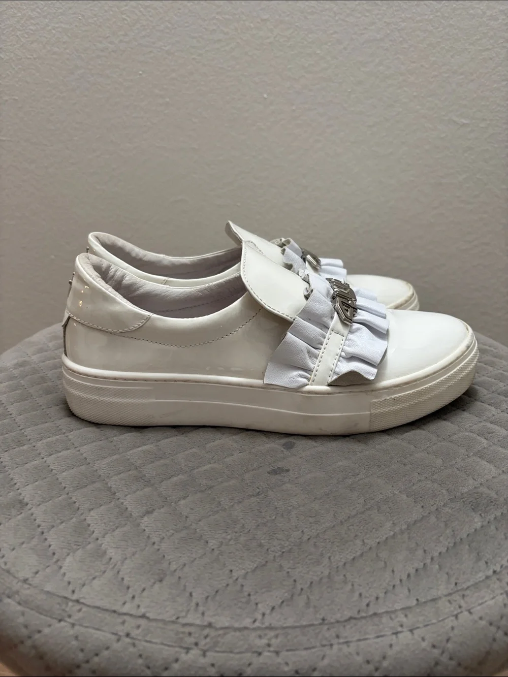 Cesare Paciotti White Patent Leather Slip-Ons with Ruffle Detail